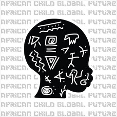 African Children Head Art with Set of Historical Characters, Ancient African Symbols, and Cave Art. Celebrating African Heritage for Posters, Cards, Banners, and Backgrounds.
