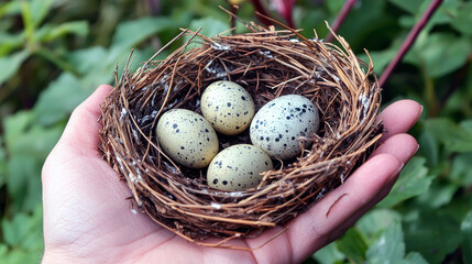 Fototapeta premium Speckled Bird Eggs in a Nest Held in a Hand: A Symbol of New Life and Nature's Delicate Beauty