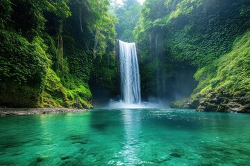 A majestic waterfall in a tropical paradise, where the water cascades down lush green cliffs into a crystal-clear pool below, surrounded by vibrant vegetation.