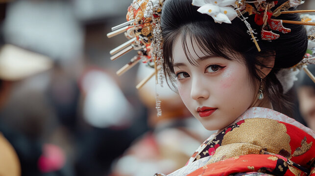 Traditional Setsubun celebration featuring a woman in ornate kimono and seasonal decor