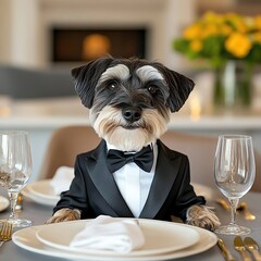 petfluencer idol Elegant dog dressed for a formal dinner setting.