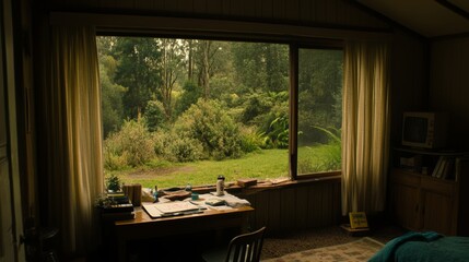 Fototapeta premium Tranquil Forest View from Cozy Cabin Workspace