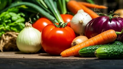 Fresh Organic Vegetables on Rustic Table, Showcasing Natural Beauty and Healthy Living
