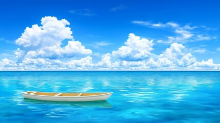 Tranquil Ocean Scene with Small Rowboat Under Summer Sky