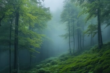 A misty morning in an enchanted forest, where the fog weaves through the trees, creating a mystical and serene atmosphere.