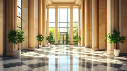 Fototapeta premium Sunlit classical lobby with elegant marble columns, large windows, and potted plants a stunning architectural design.