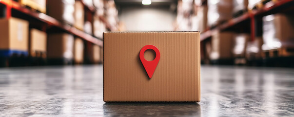 A cardboard box with a red location pin stands out in a warehouse filled with stacked boxes, symbolizing delivery and tracking.