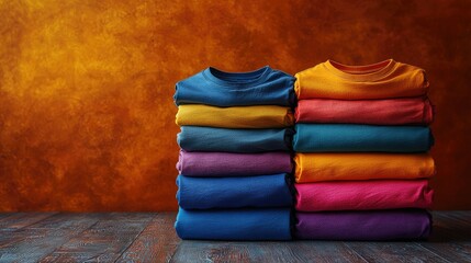 Colorful Stacked T-Shirts on Wooden Surface Against a Rustic Background