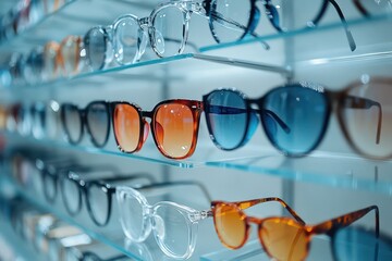 A modern optician?? shop with stylish eyewear neatly arranged on sleek shelves, highlighting the latest in eyewear fashion and technology