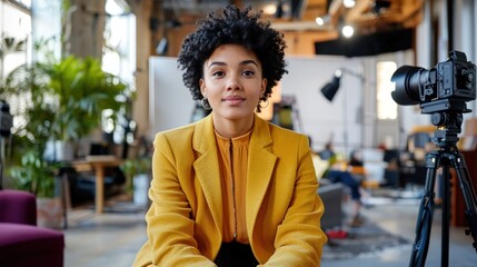 Confident Young Female Vlogger in Yellow Blazer, Filming a Video in a Modern Studio Setting