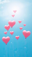 a group of pink heart-shaped balloons floating in a clear blue sky.  Generative AI