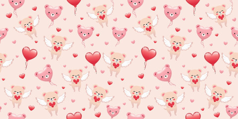The Cute Teddy Bear has wings holding red hearts and balloons in a seamless pattern to celebrate Valentine's Day.