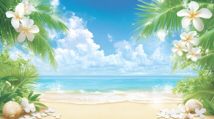 Tropical Beach Paradise Serenity and White Plumeria Blooms