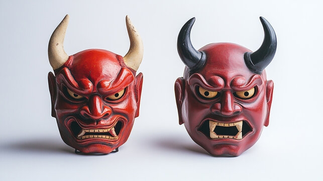 Masks representing ogres displayed for Setsubun celebration in Japan during winter season