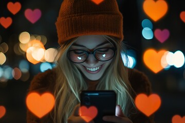 A woman is smiling while using her smartphone, with various social media icons like thumbs up and hearts floating around her in the background