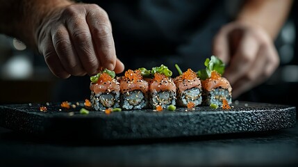Chef preparing salmon sushi rolls, garnishing with tobiko, dark background, restaurant food photography