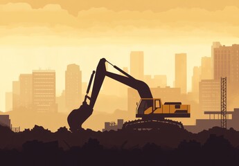 illustration of a construction site with an excavator and crane, buildings in the background