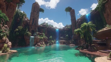 Tropical Paradise Oasis Waterfall Ancient Ruins