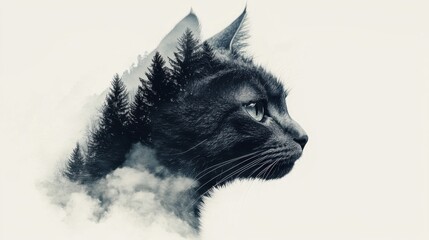 Obraz premium Majestic cat silhouette surrounded by forest artistic imagery ethereal environment captivating viewpoint