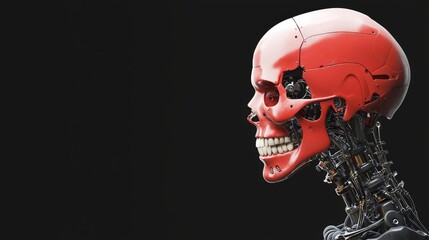 detailed side view of a futuristic red robots head on black background