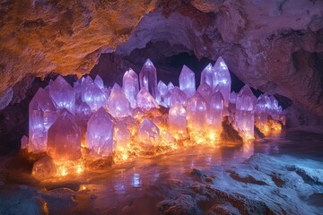 A mystical cave filled with glowing crystals and reflective waters, where light refracts in a dazzling display of color and light