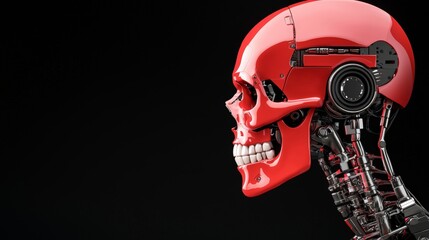 detailed side view of a futuristic red robots head on black background