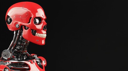 detailed side view of a futuristic red robots head on black background