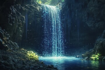 A mystical cave with a glowing waterfall and luminescent plants, where secrets are hidden deep within the earth