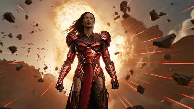 Action shot with woman in the sci-fi battle scene, superhero surrounded by sparkles. Dynamic scene in action movie blockbuster style