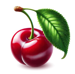 Vector illustration of cherry. One sweet cherry with big leaf isolated on white background.