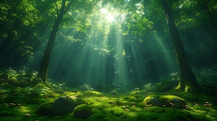 Obraz premium Sunbeams illuminate mossy forest floor, peaceful nature scene, ideal for fantasy backgrounds