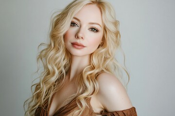 Beautiful blonde woman with long, curly hair in a brown dress