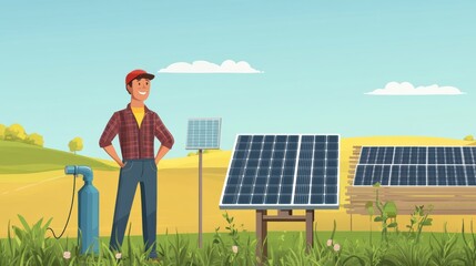A farmer standing next to a solar-powered water pump in the middle of a field