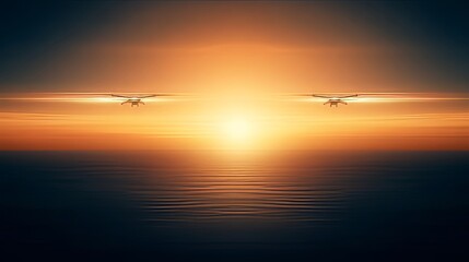 Twin Drones Soaring Sunset Ocean Horizon