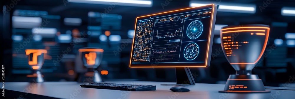 Wall mural ai development machine learning training concept. modern workspace with a glowing monitor and trophi