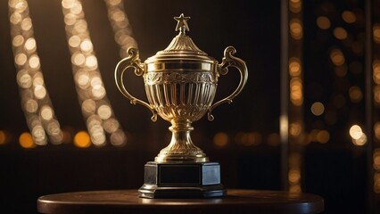 An antique trophy with a shimmering backdrop and flashing lights represents accomplishment and celebration. Ideal for contests, rewards, and joyous events View Less