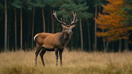 Fototapeta premium A grandiose deer in a peaceful forest 