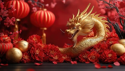Fototapeta premium Lunar New Year Golden Dragon with Red Lanterns and Flowers Decor