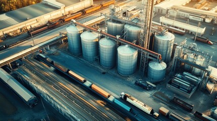 A grain storage facility with silos and trucks ready for transport