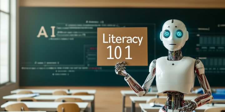 AI development machine learning training concept. Robot holding a sign in a classroom setting about literacy.