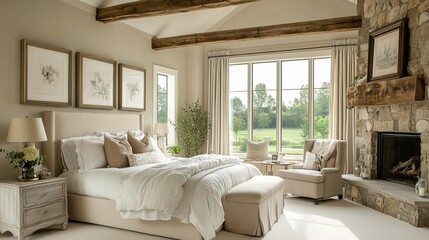 A large bedroom with a fireplace and a window. The room is decorated with white furniture and has a cozy, inviting atmosphere