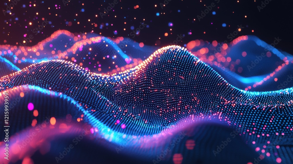 Wall mural abstract blue and pink particle wave background digital technology data visualization futuristic