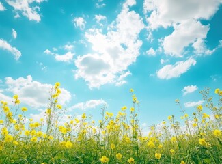 Fototapeta premium Yellow Flowers Bloom Under a Bright Blue Sky with Fluffy White Clouds