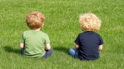 Fototapeta premium Two Young Boys Sitting on Grass, Back View