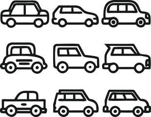 A collection of simple, black line art illustrations of different car types, including sedans, SUVs, and vans.