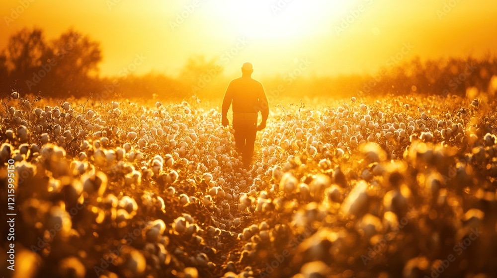 Wall mural Silhouetted man walking through a cotton field at sunset.