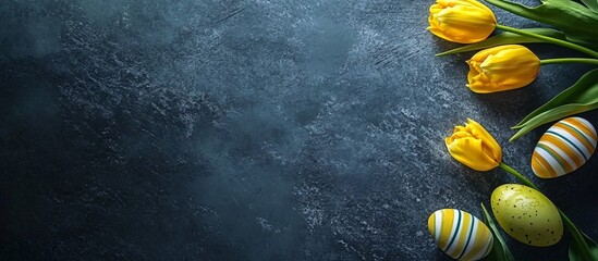 Vibrant Easter Scene with Yellow Tulips and Colored Striped Eggs