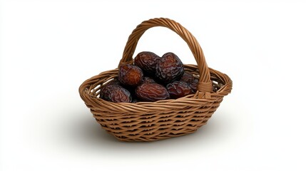 A Beautifully Crafted Wicker Basket Filled with Deliciously Sweet Dates on a Clean White Background, Ideal for Healthy Snack Promotion and Natural Food Photography