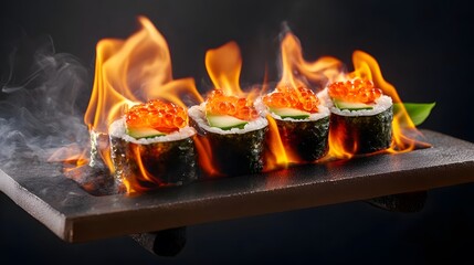 Flaming sushi rolls showcase culinary arts studio food photography dark background close-up gourmet cuisine