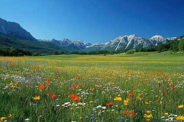 A peaceful meadow with wildflowers and a distant mountain range, where nature flourishes under a clear blue sky